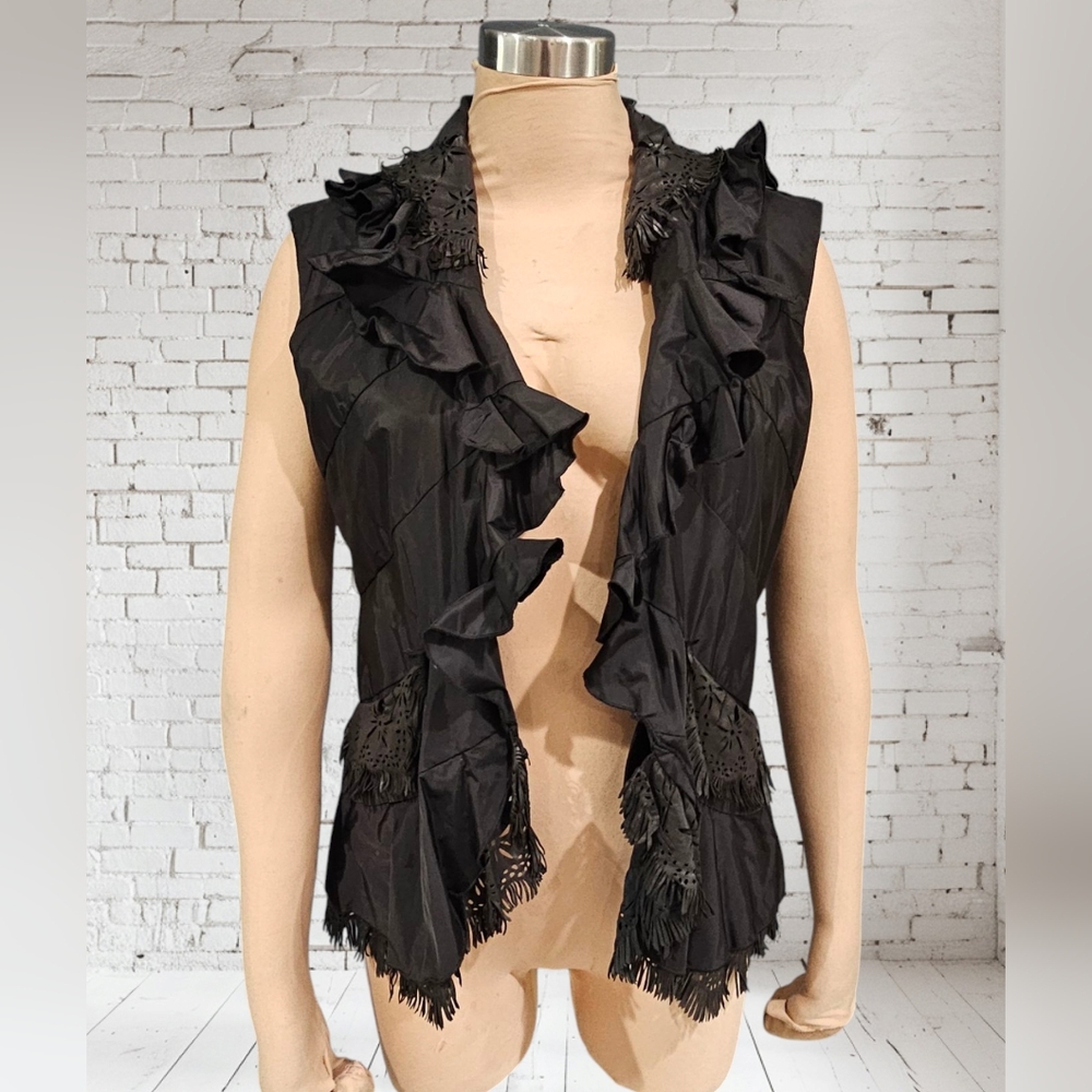 ERMANNO SCERVINO Women Black Nylon Genuine Leather Trim Ruffled Open Vest 44/8